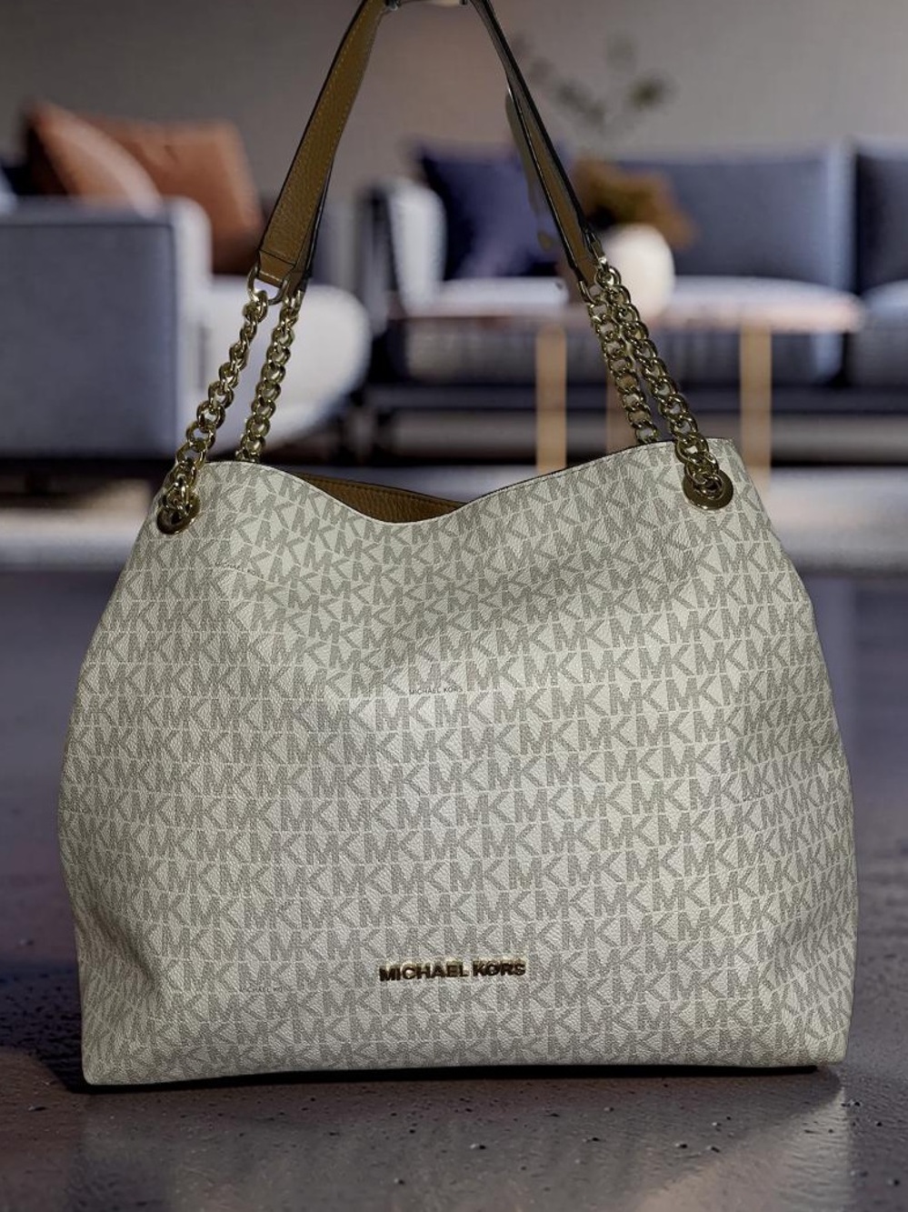 Michael Kors Cream and Acorn Chain Monogram Hobo Bag & Wristlet Set